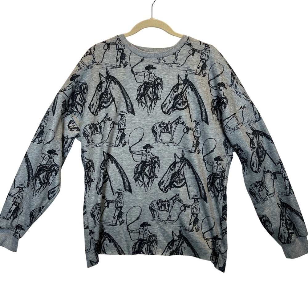 Two 2 Fly Small Grey Horse Cowboy Graphic Print Crewneck Sweatshirt Western